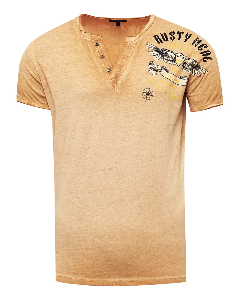Rusty Neal V-Neck T-Shirt Verwaschen mit Seitlichem Print Camel
