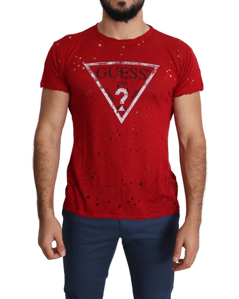 Guess Red Cotton Logo Print Men's Casual Top Perforated T-shirt Rot