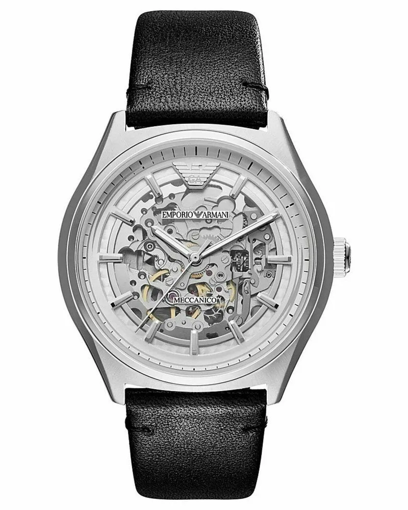Emporio Armani AR60003 Automatische Skelett Herrenuhr aus schwarzem Leder Schwarz
