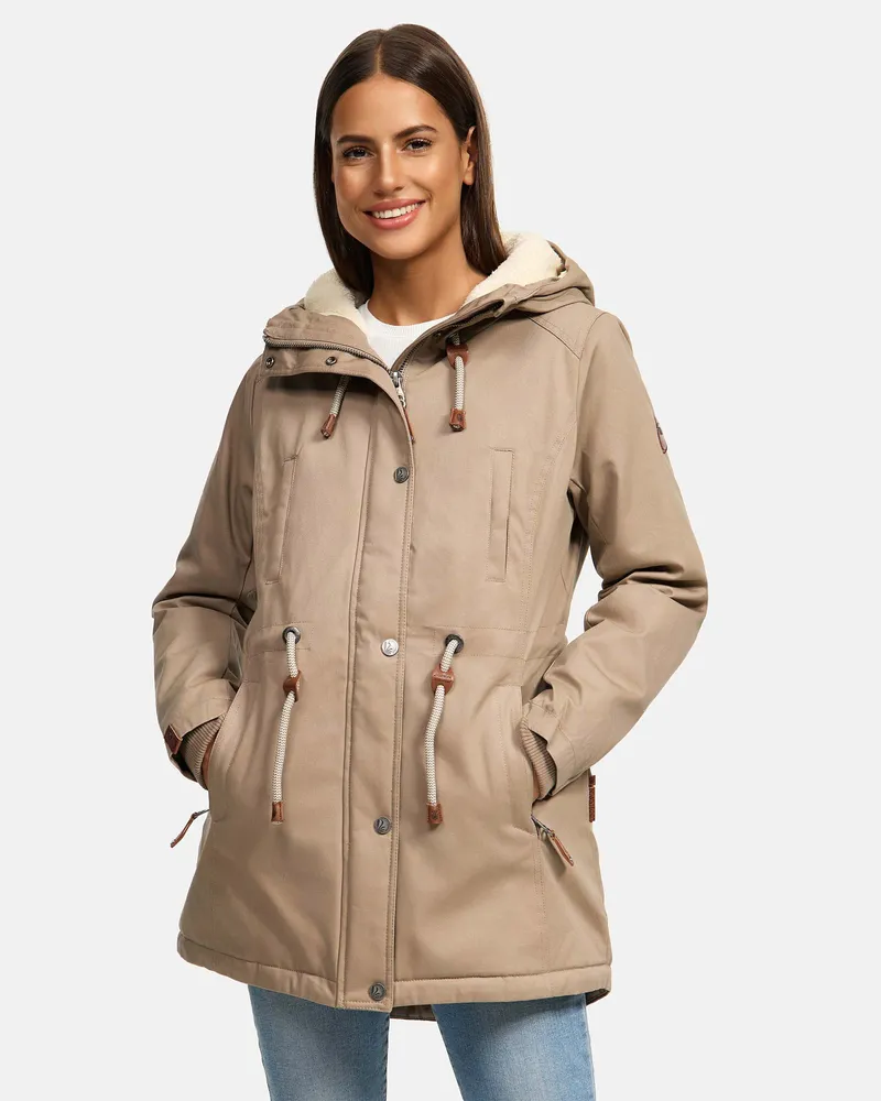 NAVAHOO Ireliaa Damen Parka – Windabweisende Winterjacke mit Teddyfell & Kapuze - Taupe Beige