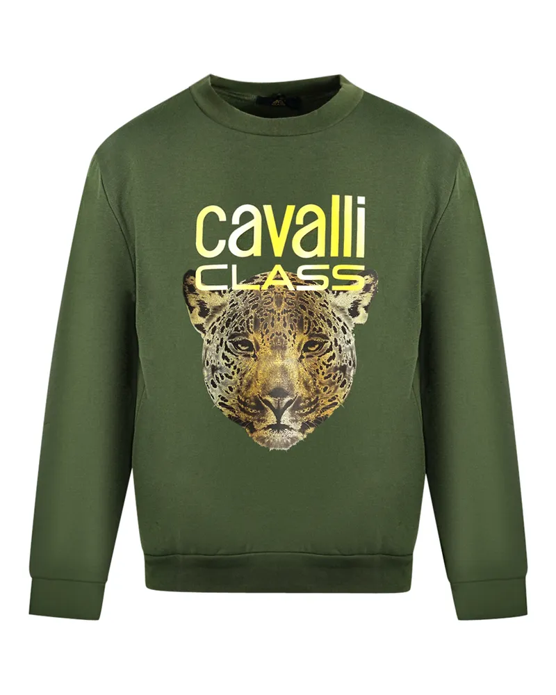 Roberto Cavalli Cavalli Class Leoparden-Print Logo Olivfarbenes Sweatshirt Grün