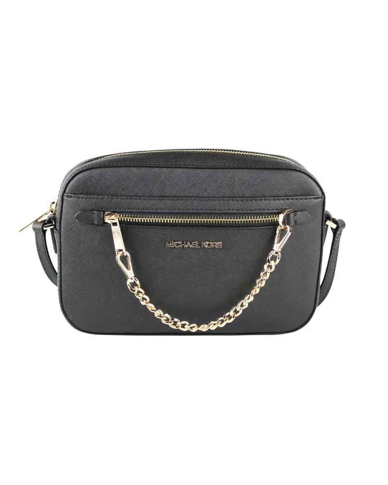Michael Kors Women's Jet Set Item Large East West Saffiano leather Zip Chain Crossbody Handbag (Black Solid/Gold Schwarz