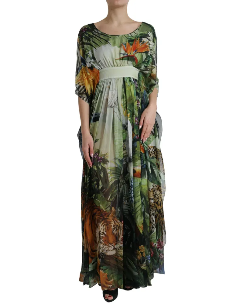 Dolce & Gabbana Bedrucktes Seiden-Kaftan-Kleid mit Dschungelmotiv Maxi-Kleid Dunkelgrün
