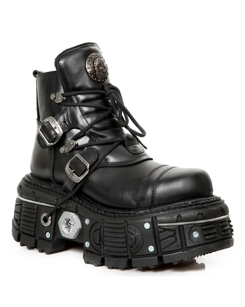 New Rock M-TANK007-S1 Gothic Combat Plateau-Stiefeletten aus schwarzem Leder Schwarz
