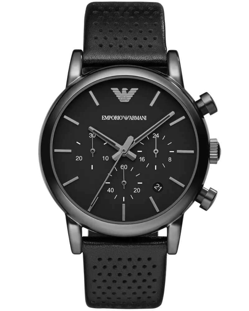 Emporio Armani Luigi AR1737 Herrenchronograph, 41 mm, Lederarmband - Schwarz Schwarz