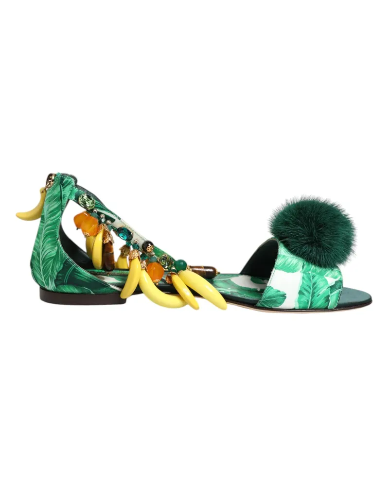 Dolce & Gabbana Grüne Nerz-Fell-Satin-Bananenblatt-Sandalen Schuhe Grün