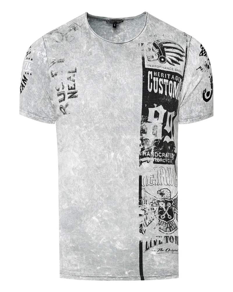 Rusty Neal Washed Biker T-Shirt mit Front & Back Prints Grau
