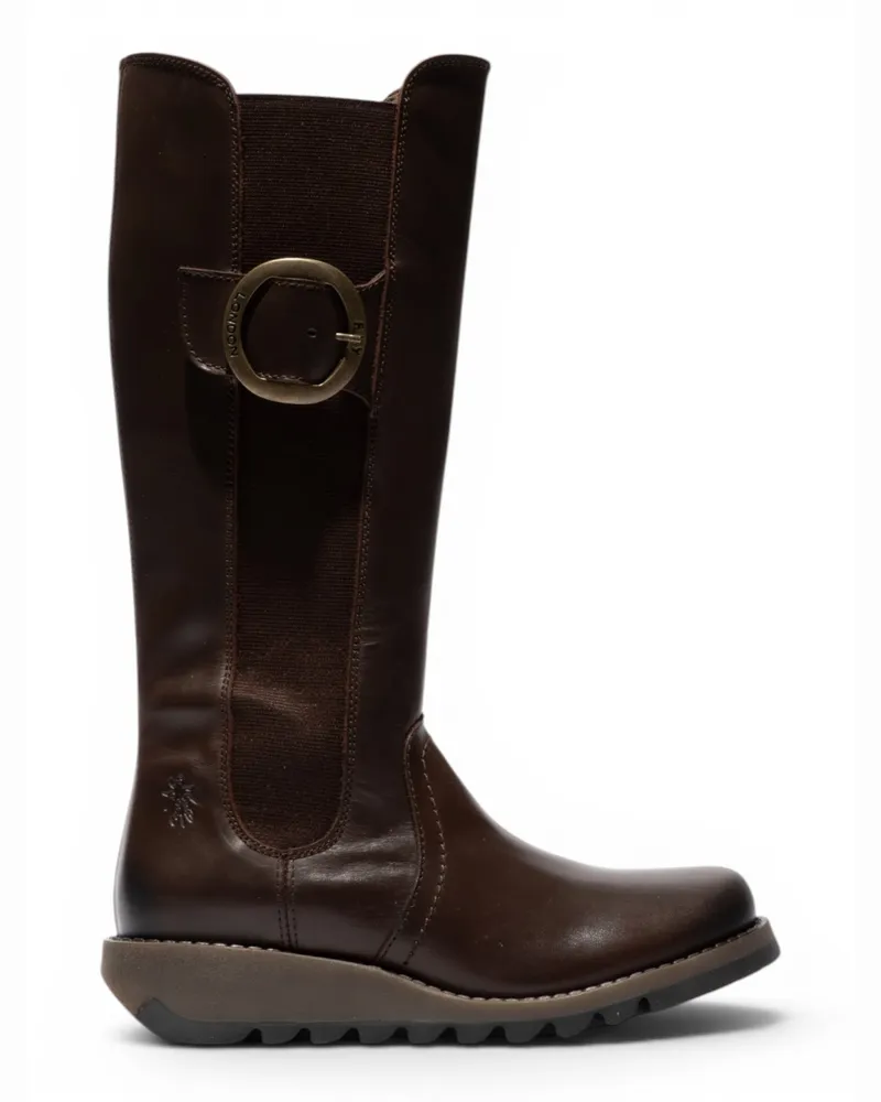 Fly London Damen braune Lederstiefel kniehoch – SOIF361 Dunkelbraun
