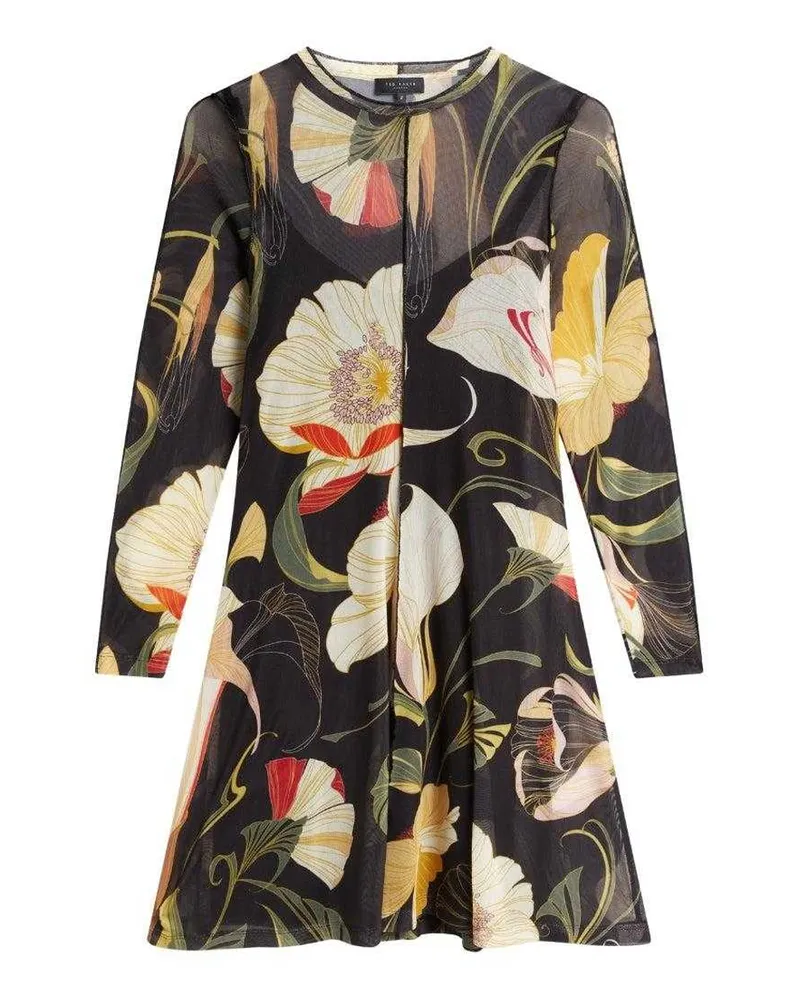 Ted Baker Midikleid für Damen, Netzmaterial, Langärmlig (Schwarz Schwarz