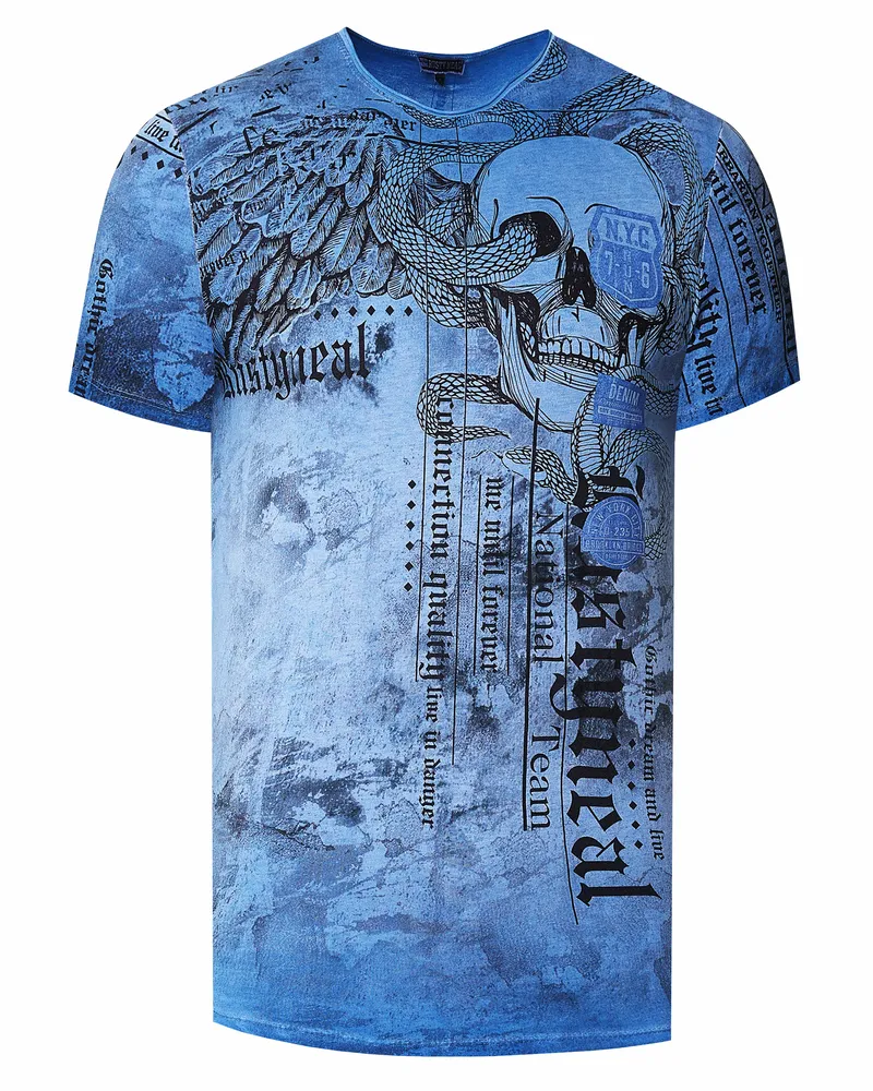 Rusty Neal Biker T-Shirt Verwaschen mit All Over Prints Blau