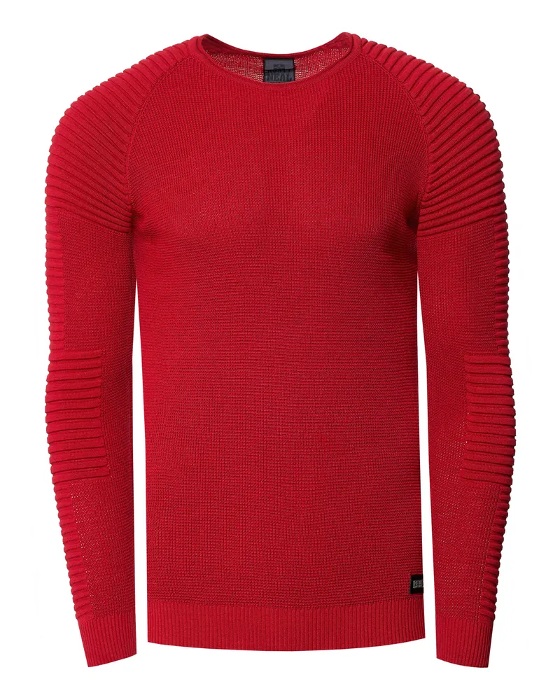 Rusty Neal Slim Fit Feinstrick Biker Rundhals-Pullover Rot