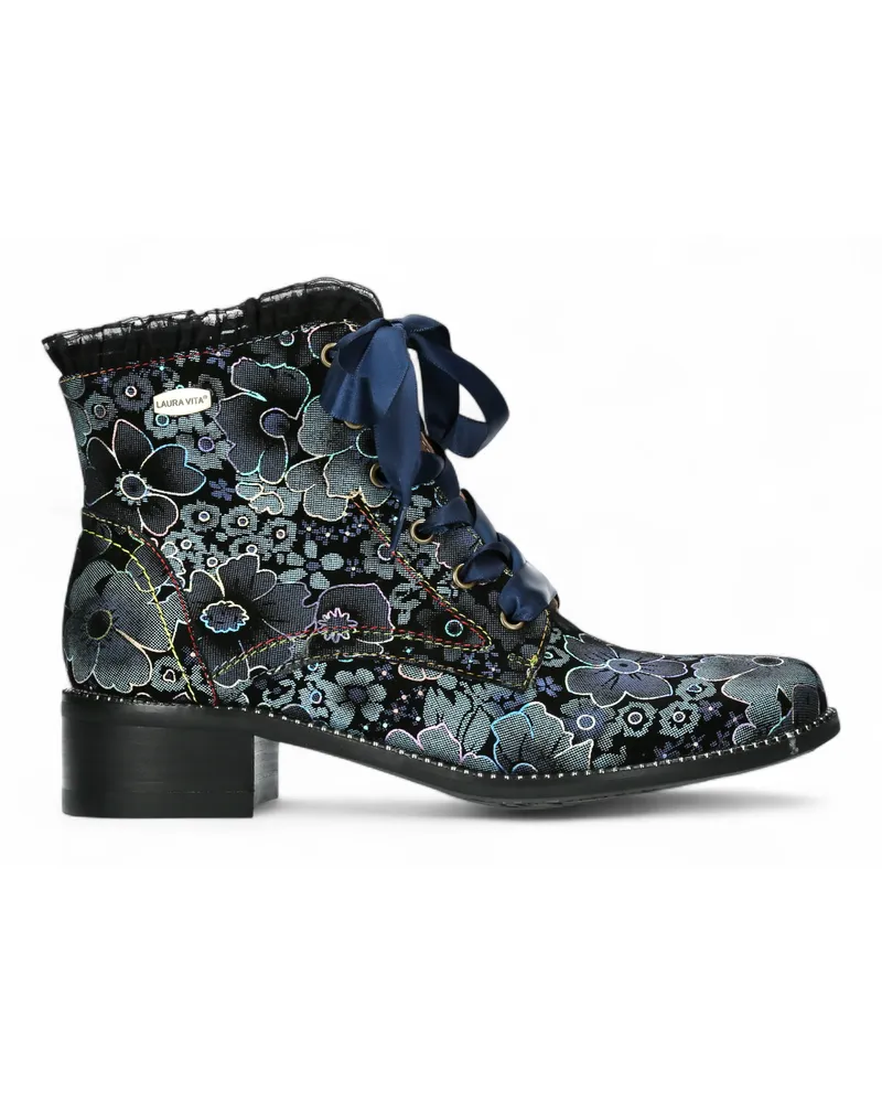 Laura Vita Emcmao-45 Damenstiefel mit blauem Blumenmuster im gotischen viktorianischen Stil aus Leder mit Knöchelabsatz Blau