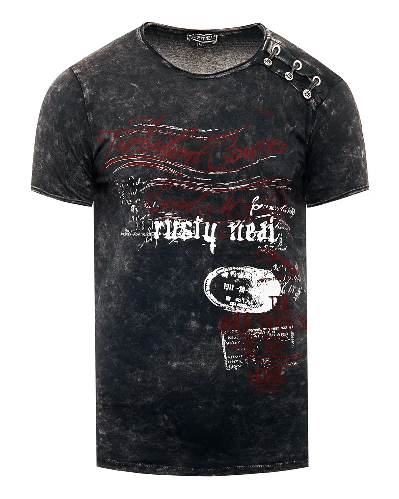 Rusty Neal Oil-Washed T-Shirt mit seitlicher Knopfleiste und Prints - Dunkelgrau Dunkelgrau