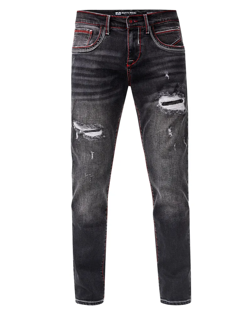 Rusty Neal Jeans "ODAR" Destroyed, Regular Fit, Stretch - Schwarz Schwarz