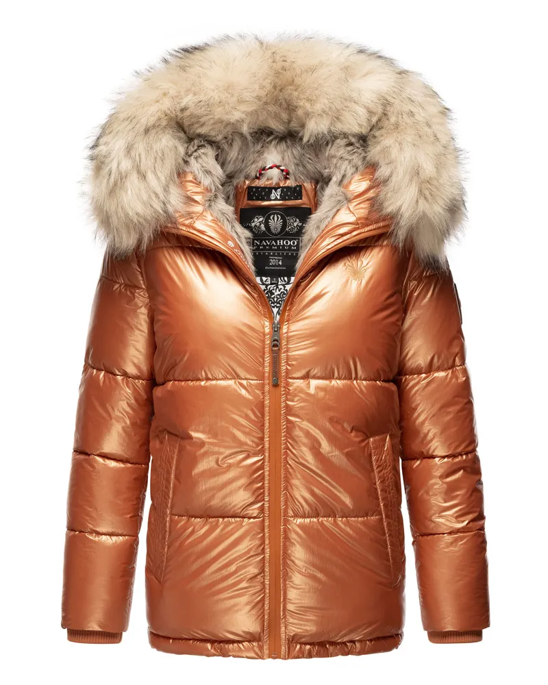 NAVAHOO Premium Damen Winterjacke Tikunaa – Puffer Look, Warm & Mit Kunstfellkragen Braun