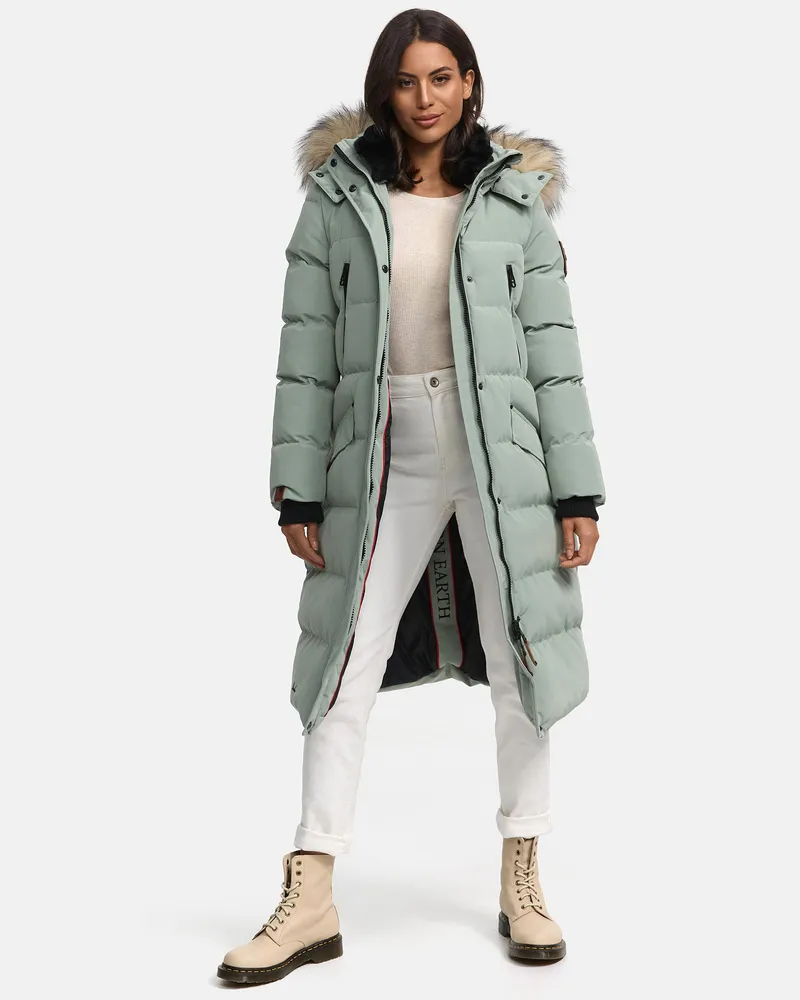 Marikoo Damen Winterjacke – Schneesternchen, lang mit Kapuze & Fellkragen Grün
