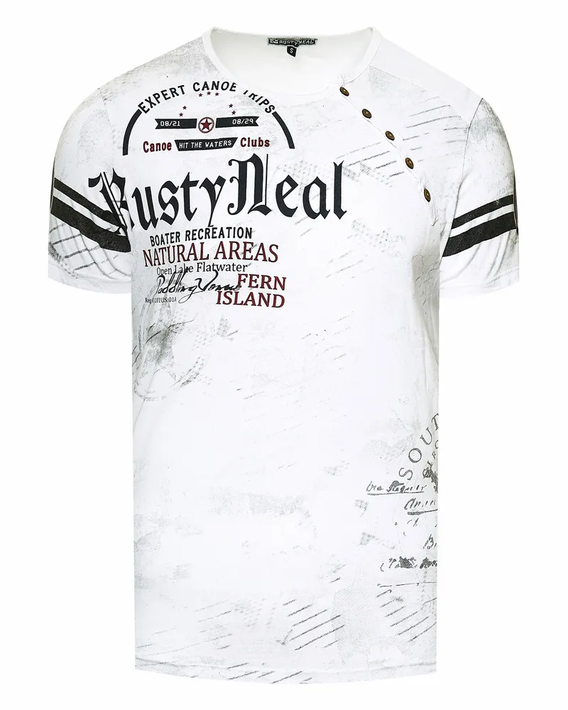 Rusty Neal T-Shirt mit seitlicher Knopfleiste und Logo-Print - Weiß Weiß
