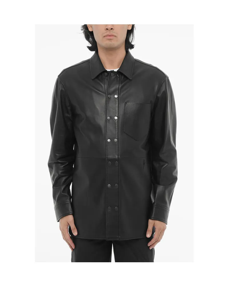 Neil Barrett Overshirt aus Leder und Baumwolle mit durchgehender Knopfleiste - Schwarz Schwarz