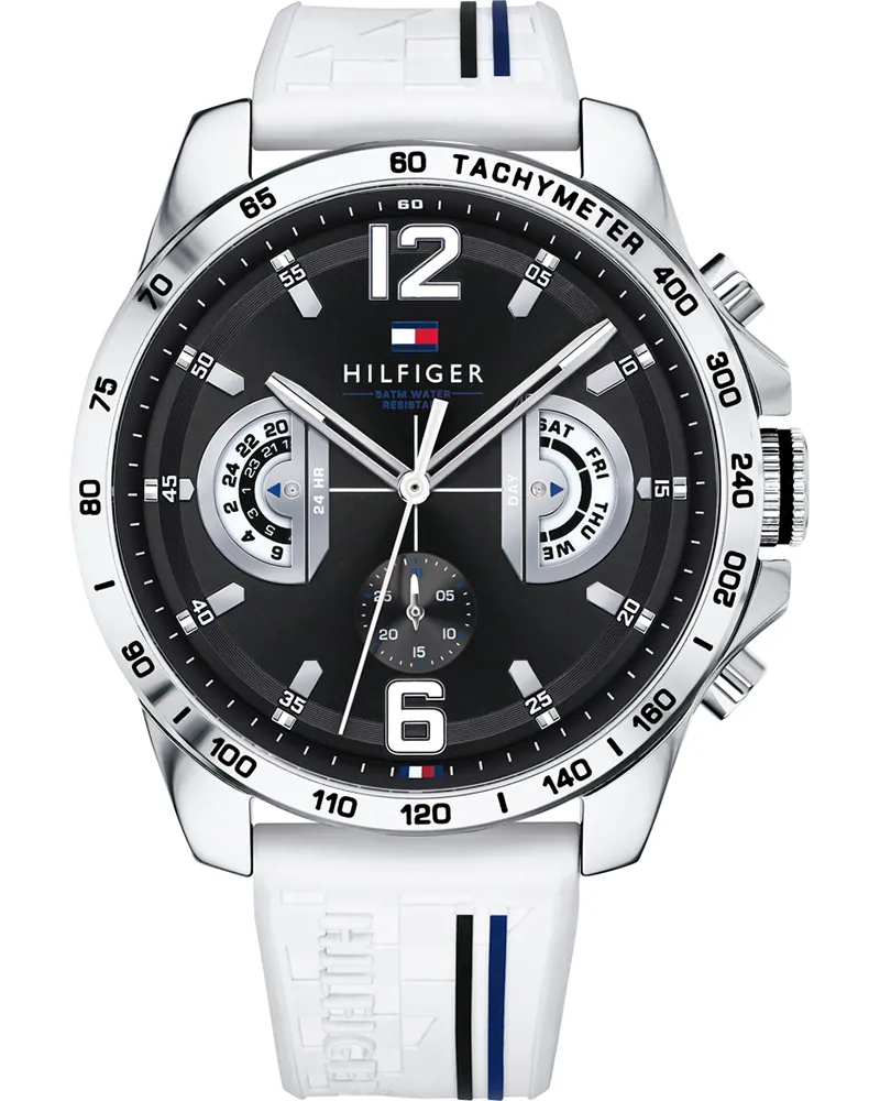 Tommy Hilfiger Stylische Herrenuhr von der Marke . Die Uhr hat ein Kautschukarmband, das auch kleiner gemacht werden kann, das Gehäuse hat einen Durchmesser von 46 mm und das Uhrwerk ist ein Quarzwerk.  Marke: Tommy HilfigerModellname: 1791475 (46mm)Kategorie: HerrenuhrMaterialien: Edelstahl, KautschukFarbe: schwarz, silber, weiß Schwarz