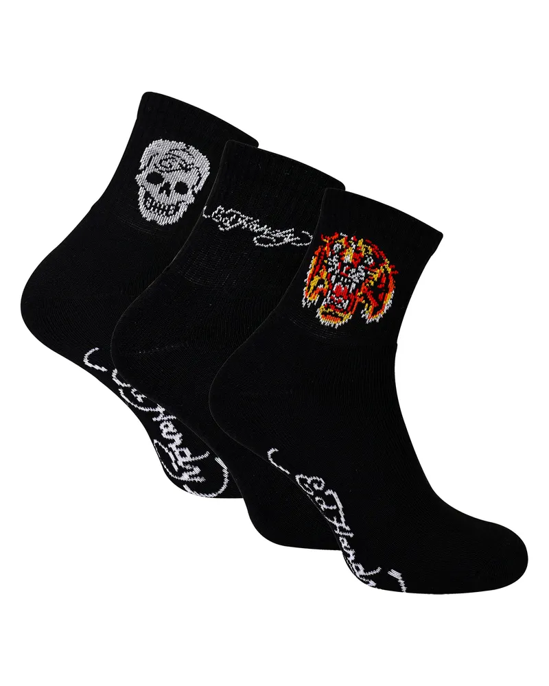 Ed Hardy 3er-Pack Herren Knöchelsocken, atmungsaktiv - Schwarz Schwarz