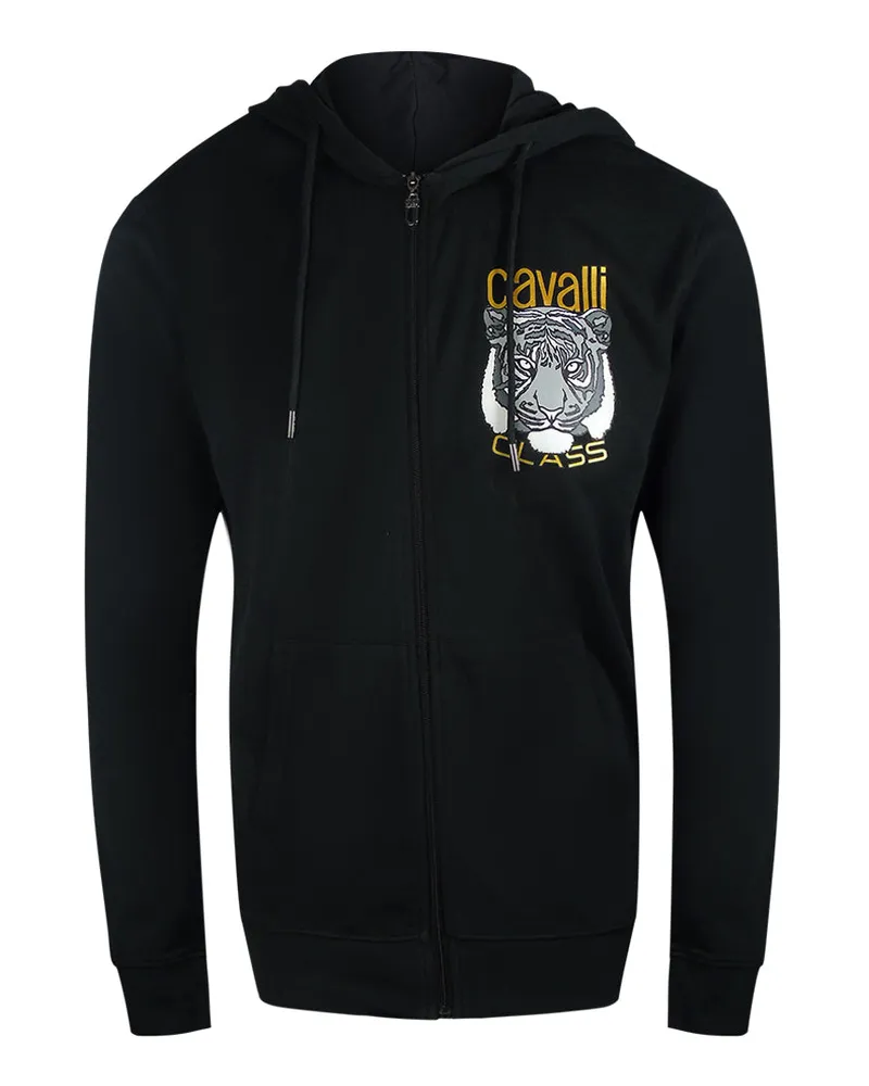 Roberto Cavalli Schwarzer Kapuzenpullover Mit Reißverschluss Und Tiger-grafiklogo Schwarz