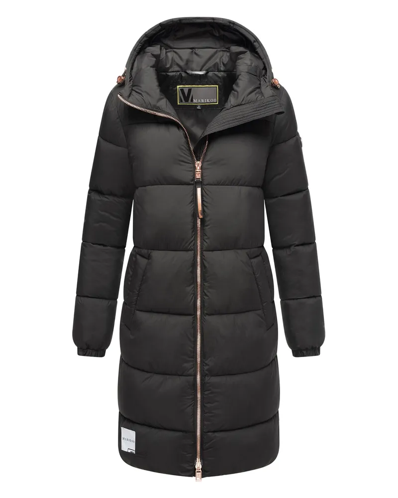 Marikoo Lange gesteppte Winterjacke mit Kapuze und Kragen, Modell Nomadiaa - Schwarz Schwarz