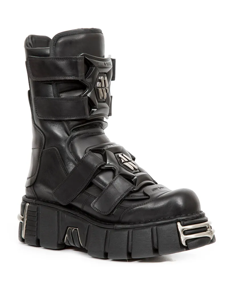 New Rock Punk Mittelhohe schwarze Lederstiefel-M-422-S1 Schwarz