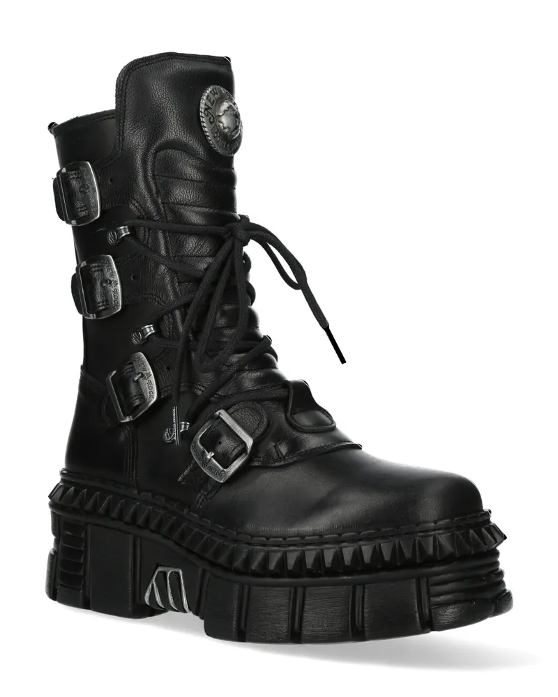 New Rock mittelhohe Leder-Plateaustiefel-WALL373-S6 Schwarz