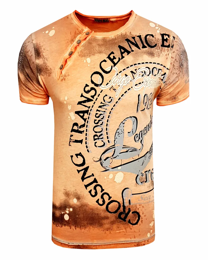 Rusty Neal Rundhals T-Shirt mit All Over Front Print Orange