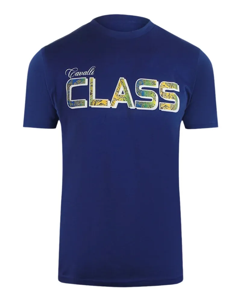 Roberto Cavalli T-shirt In Blau Mit Leuchtendem Blumenlogo Blau