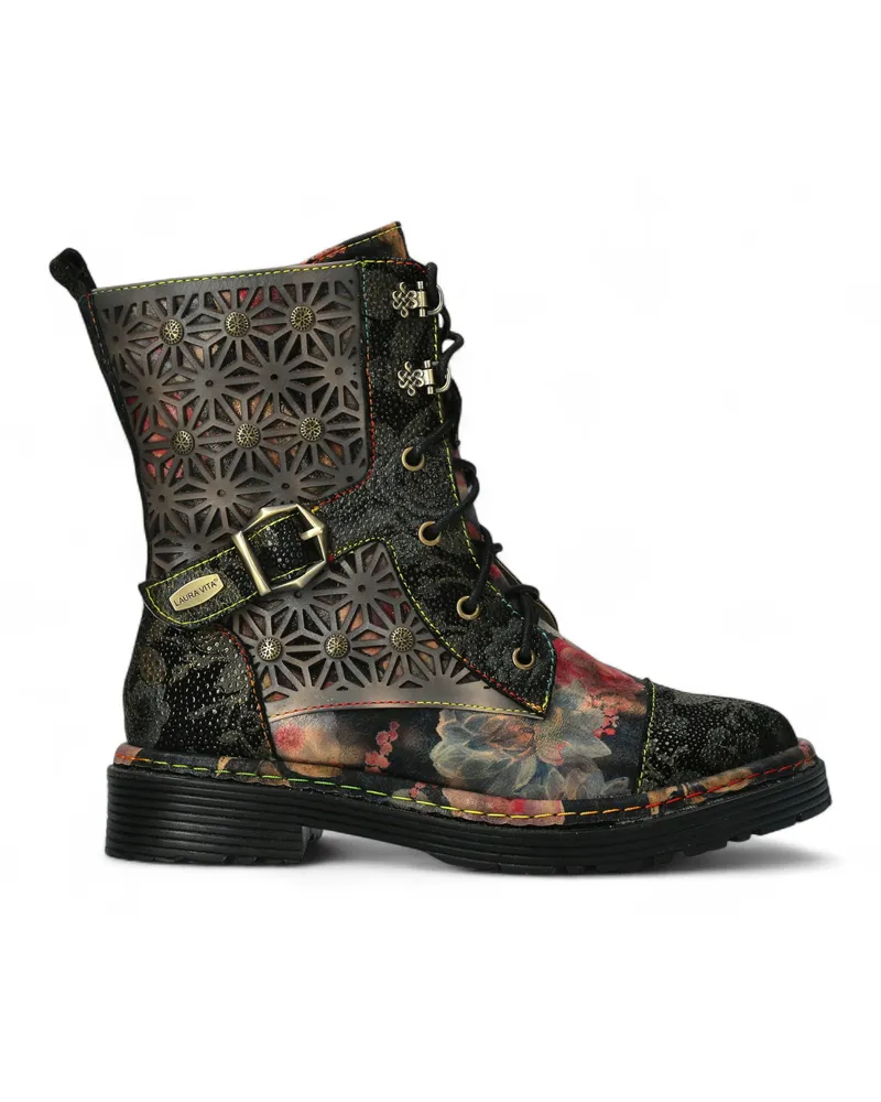 Laura Vita Incaso 36 Gothic-viktorianische Schnürstiefel aus Leder mit Blumenmuster - Schwarz Schwarz
