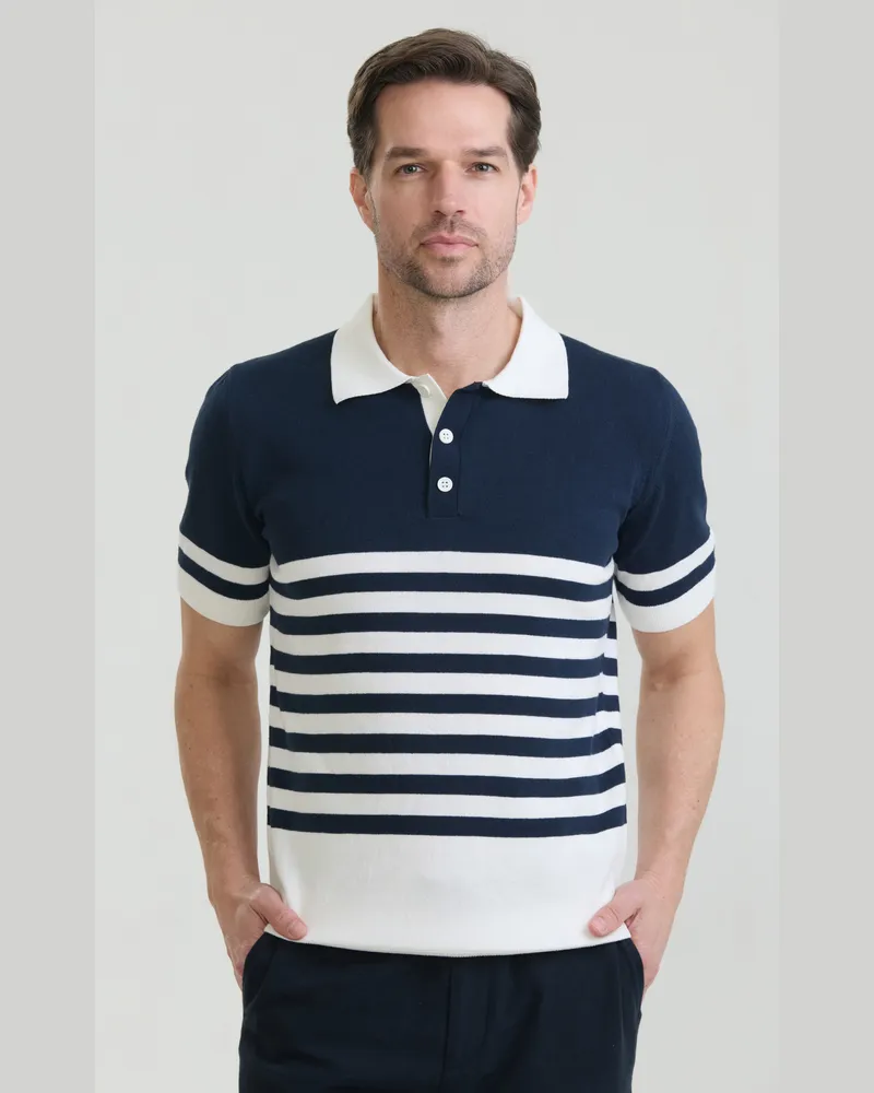 Felix Hardy Kurzärmeliges gestreiftes Strick-Poloshirt - Marineblau Marineblau