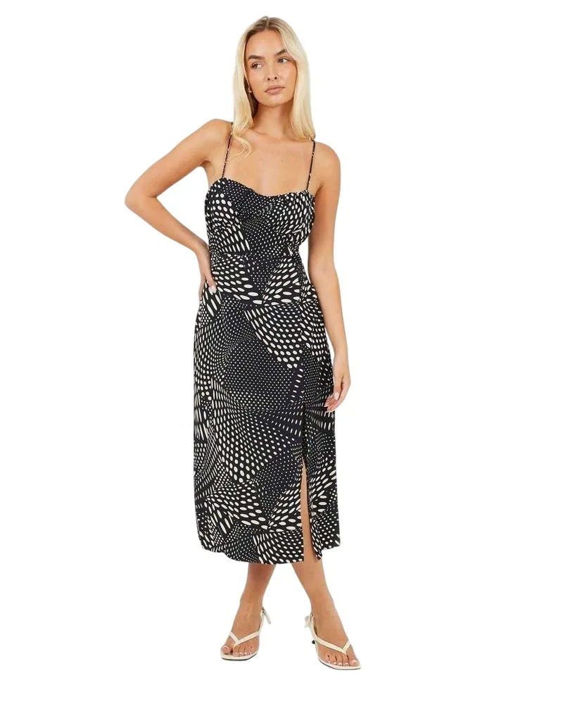 Brave Soul Midikleid für Damen, Herzausschnitt (Schwarz/Weiß Schwarz