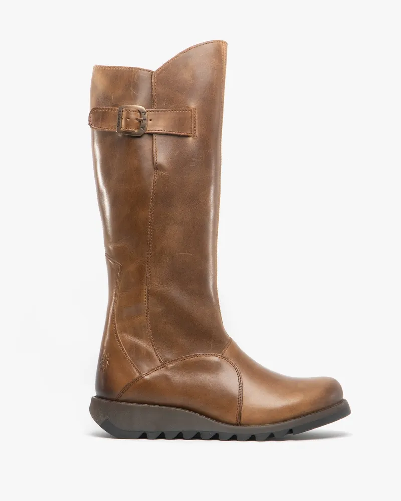 Fly London Damen MOL 2 Lederstiefel mit Keilabsatz und Reißverschluss, Kamelbraun Braun