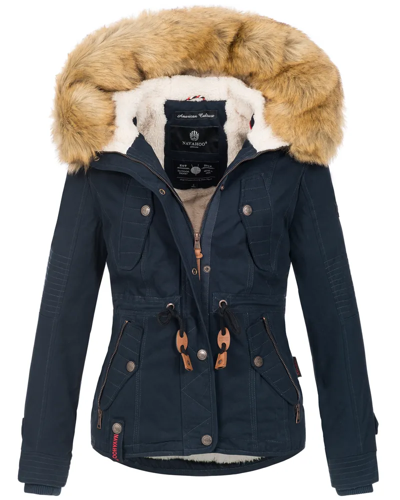 NAVAHOO Damen Winterjacke Pearl – Kurz-Parka mit Teddyfell & Abnehmbarem Kunstfellkragen Blau