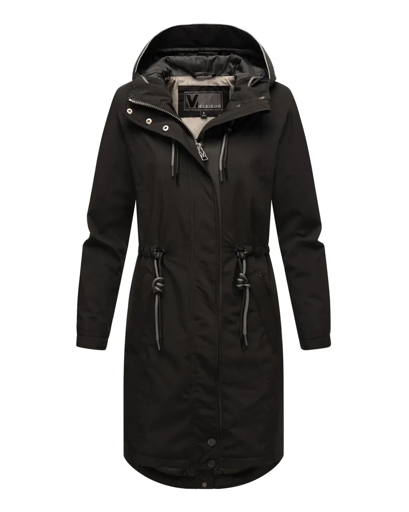 Marikoo lange Damen Übergangsjacke mit Teddyfutter & Kapuze – Megumii Schwarz