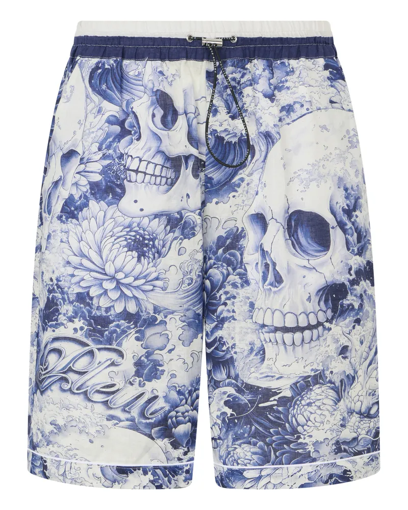 Philipp Plein Linen Bowling Shorts All-Over Ceramic Dunkelblau