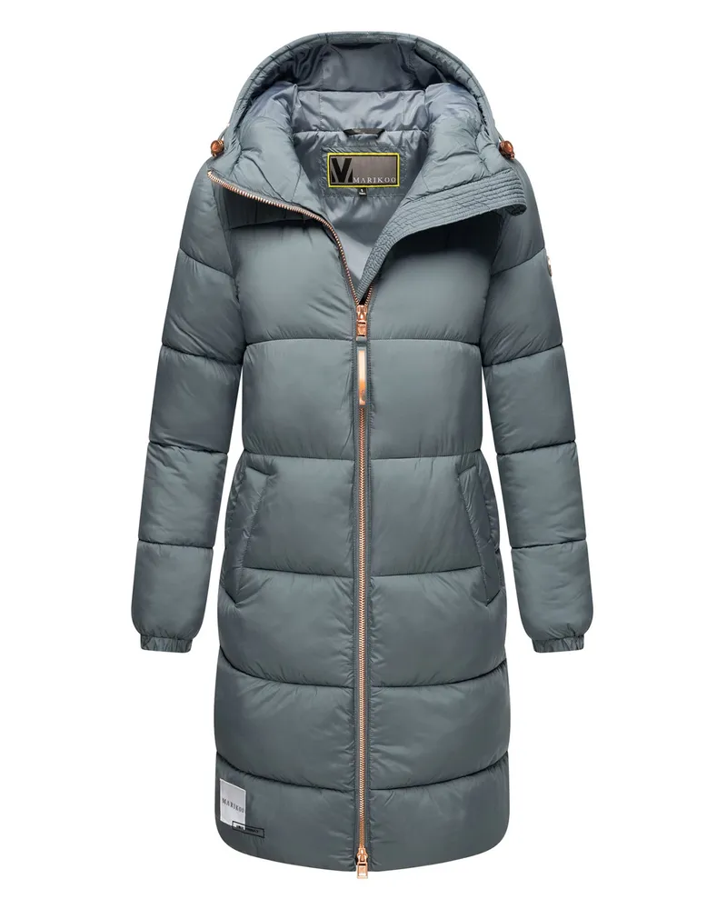 Marikoo lange Damen Steppjacke mit Kapuze & Kragen – Modell Nomadiaa Blau