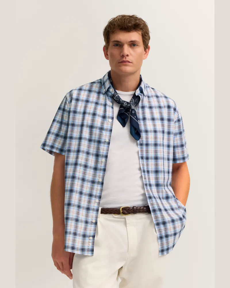 Bugatti Herren Kurzarm-Hemd Modern Fit mit einem Karo-Muster Hellblau