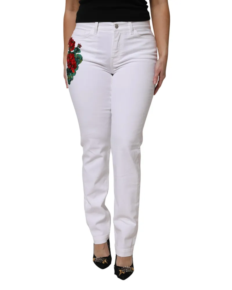 Dolce & Gabbana Blumen bestickte gerade Jeans Weiß