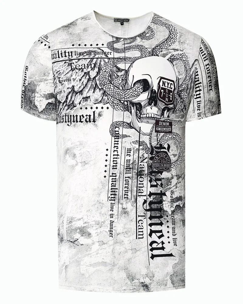 Rusty Neal Biker T-Shirt Verwaschen mit All Over Prints Weiß
