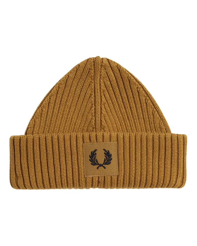 Fred Perry Branded Patch Dark Caramel Ribbed Beanie Cognac