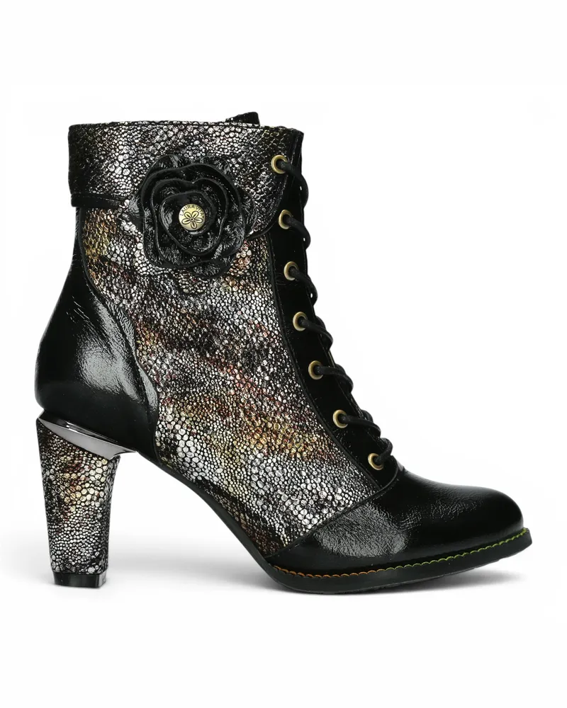 Laura Vita Schwarze Lederstiefel mit Blumenabsatz und Schnürung, Modell Alcbaneo 173 - Schwarz Schwarz