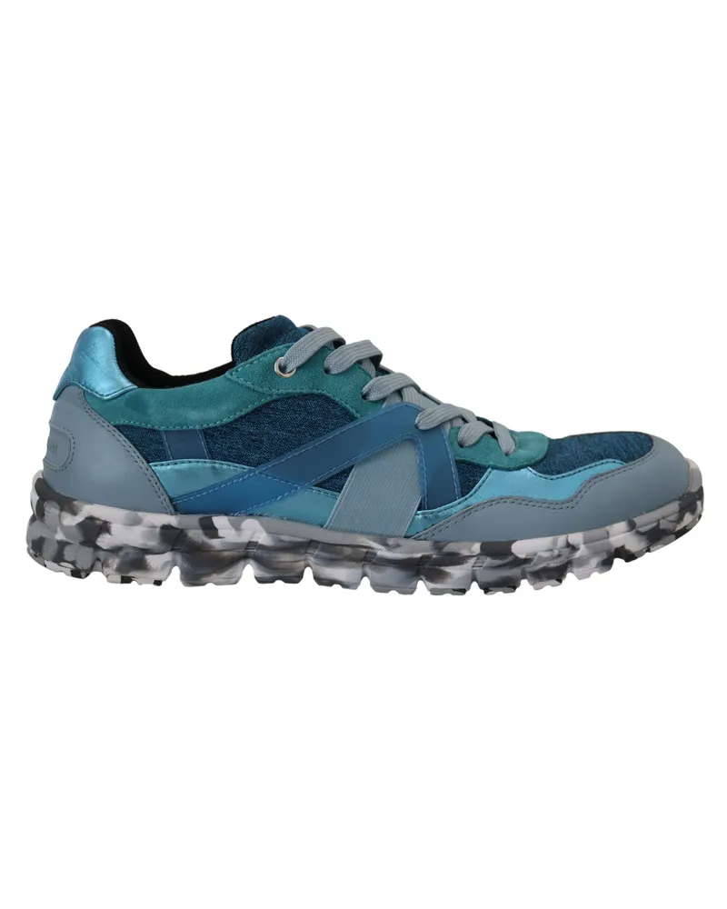Dolce & Gabbana Blaue Graue Leder Sportschuhe Low Top Blau