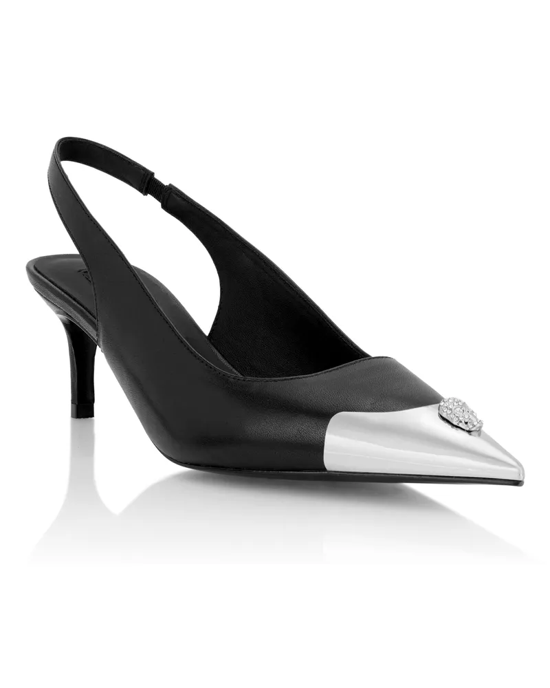 Philipp Plein Leather Slingback Shoes Skull Toe Schwarz