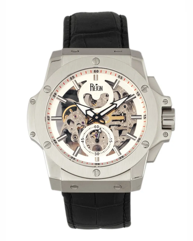Reign Commodus Automatik-Skelett-Lederarmbanduhr Silber