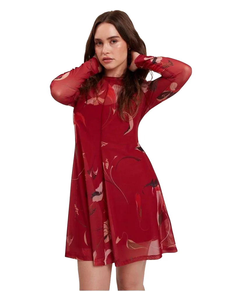 Ted Baker Minikleid für Damen, Netzmaterial, Langärmlig (Rot Rot