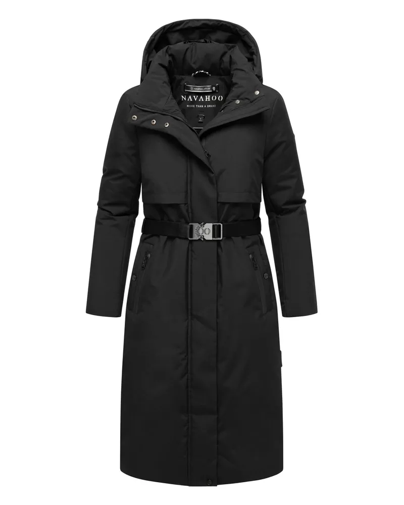 NAVAHOO Damen Winterparka WALDBUMMLER – wetterfest & stilvoll mit Taillengürtel Schwarz