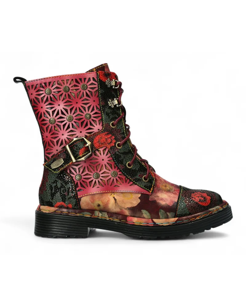 Laura Vita Incaso 36 Rote Blumen Damen Gothic Viktorianische Leder Knöchelhohe Stiefel Rot