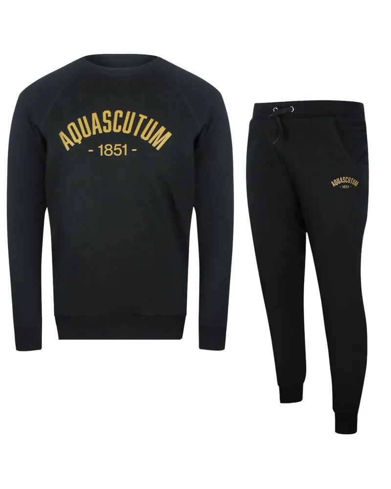 Aquascutum Old School Rundhalsausschnitt, Schwarze Trainingshose, Set Schwarz